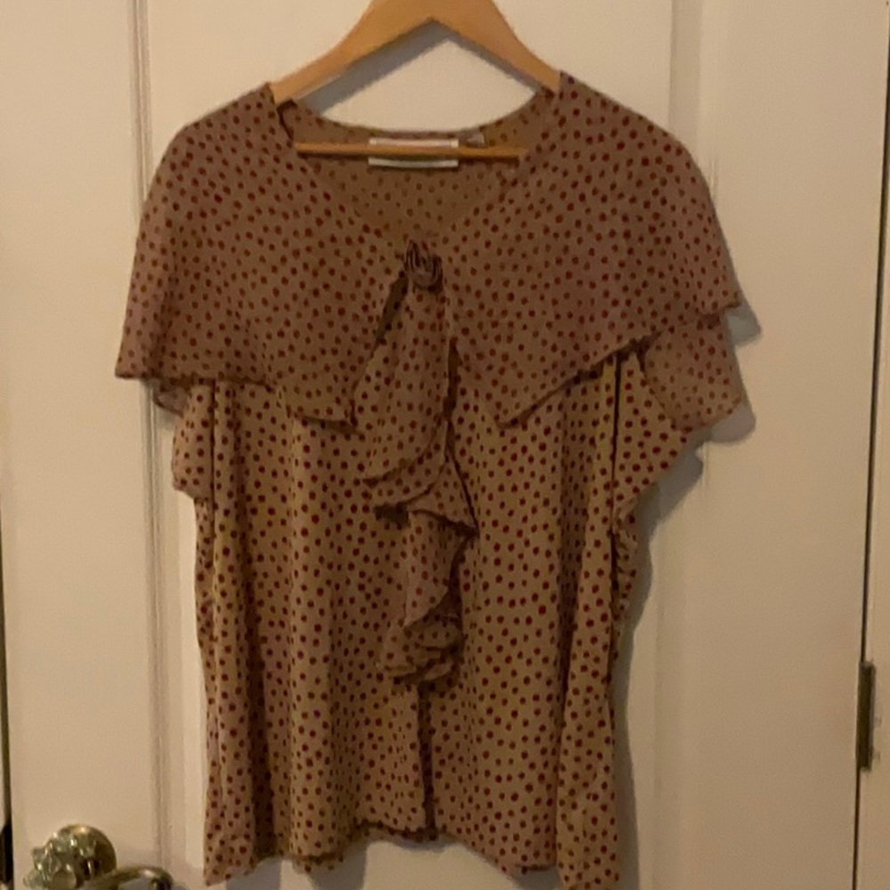 Vintage 90s Shawl Collar Polka Dot Blouse with Ruffle Sweet!